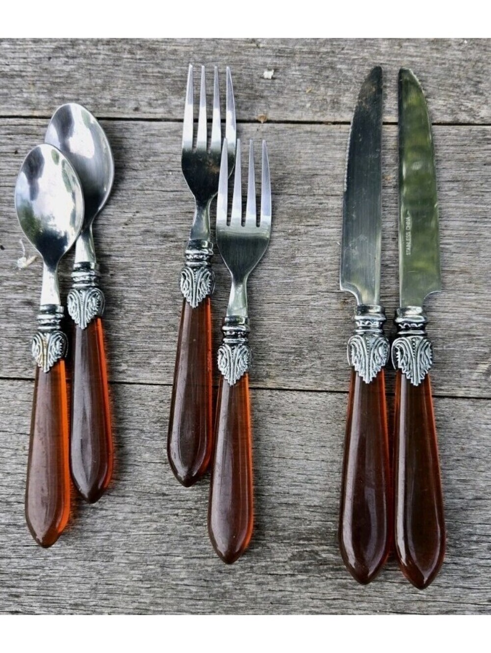 6 Pcs Stainless Steel Made In China Flatware Set Amber Color Bakelite? Acrylic?